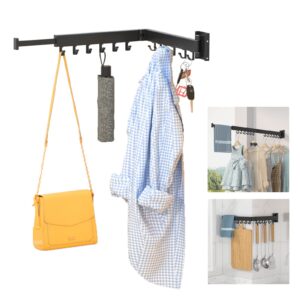 ptlsy Wall Mounted Portable Folding Clothes Drying Rack with Hooks,Space Saver Clothes Hangers Design Universal for Balcony, Mudroom, Bedroom, Kitchen, Foldable Laundry Rack (2-Pole Black)