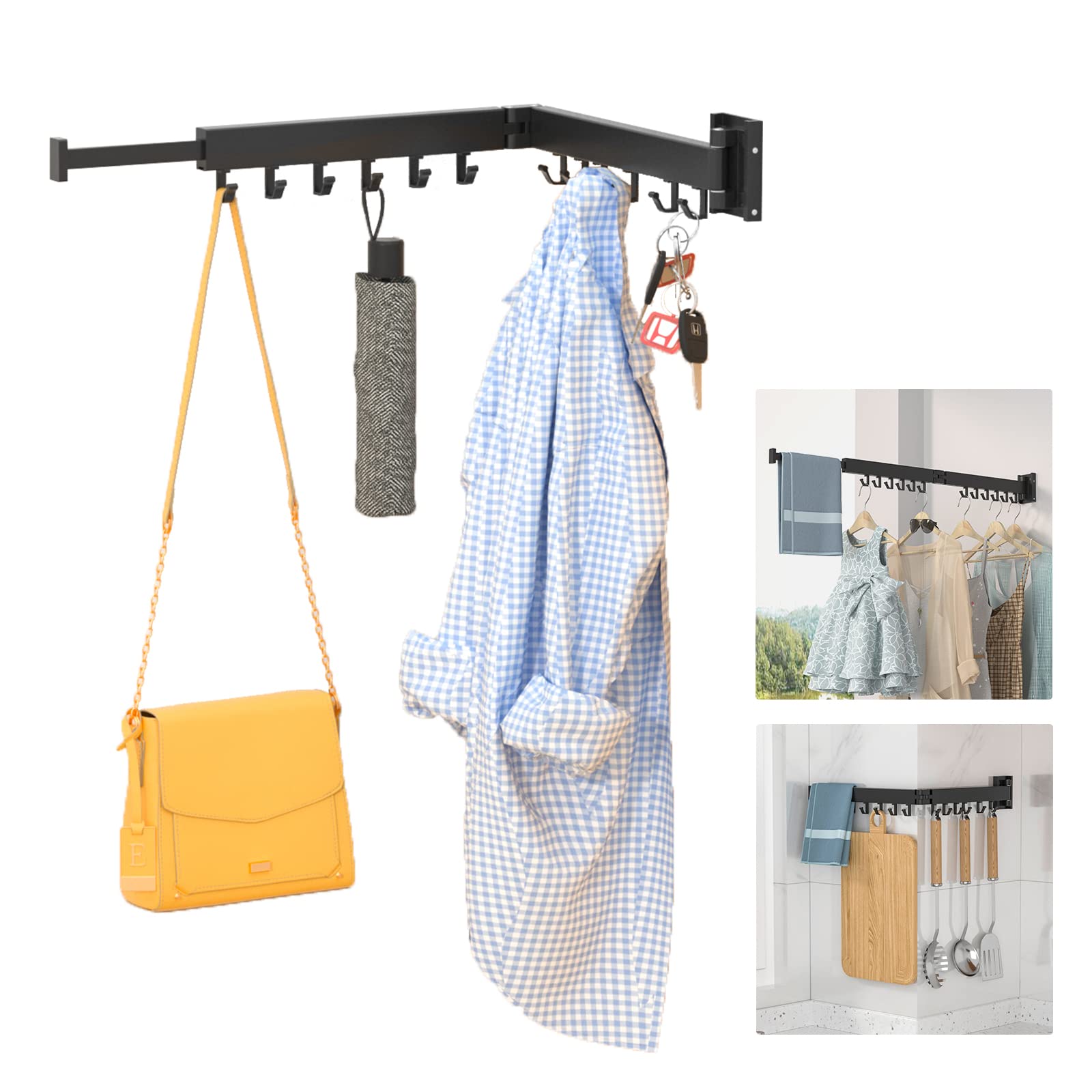 ptlsy Wall Mounted Portable Folding Clothes Drying Rack with Hooks,Space Saver Clothes Hangers Design Universal for Balcony, Mudroom, Bedroom, Kitchen, Foldable Laundry Rack (2-Pole Black)