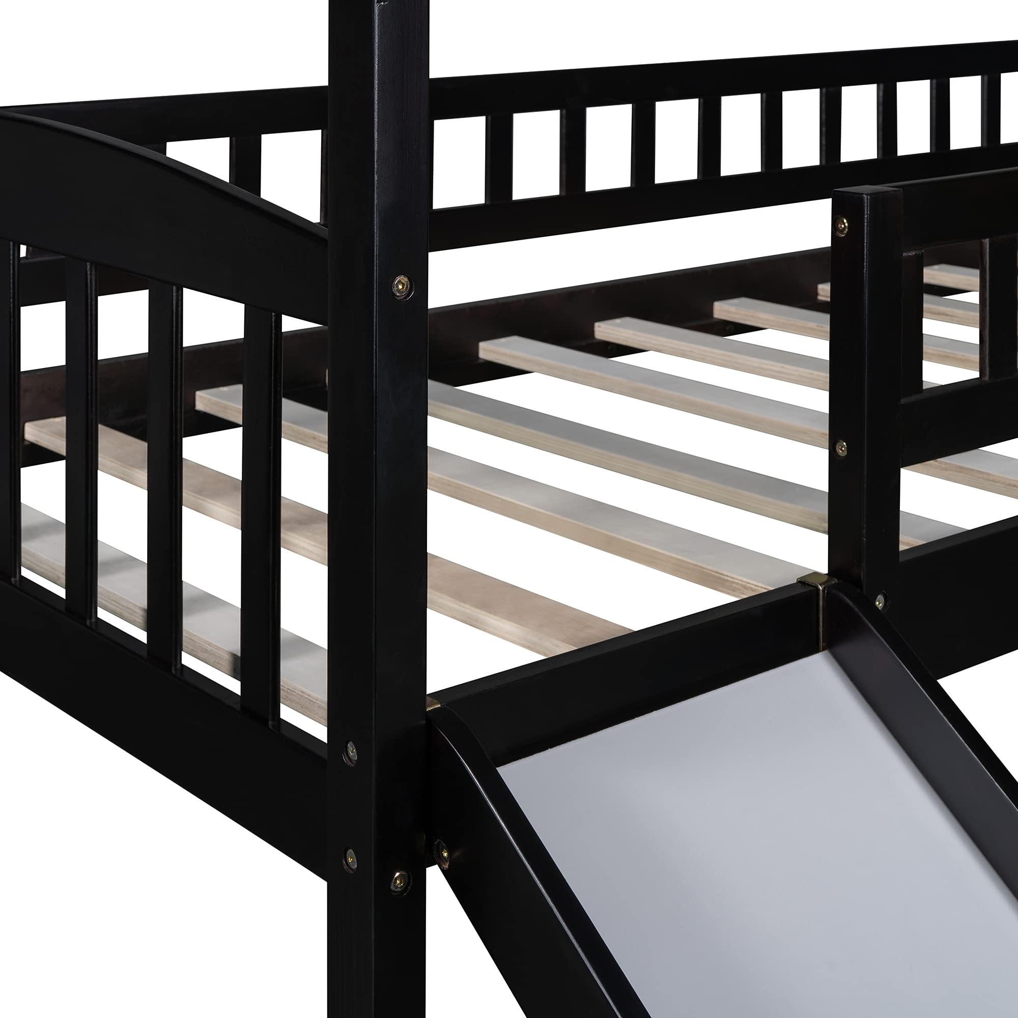 Harper & Bright Designs Twin Loft Bed with Slide and Ladder, House Loft Beds with Roof and Guardrail for Kids, Toddlers, Teens (Twin Size, Espresso)