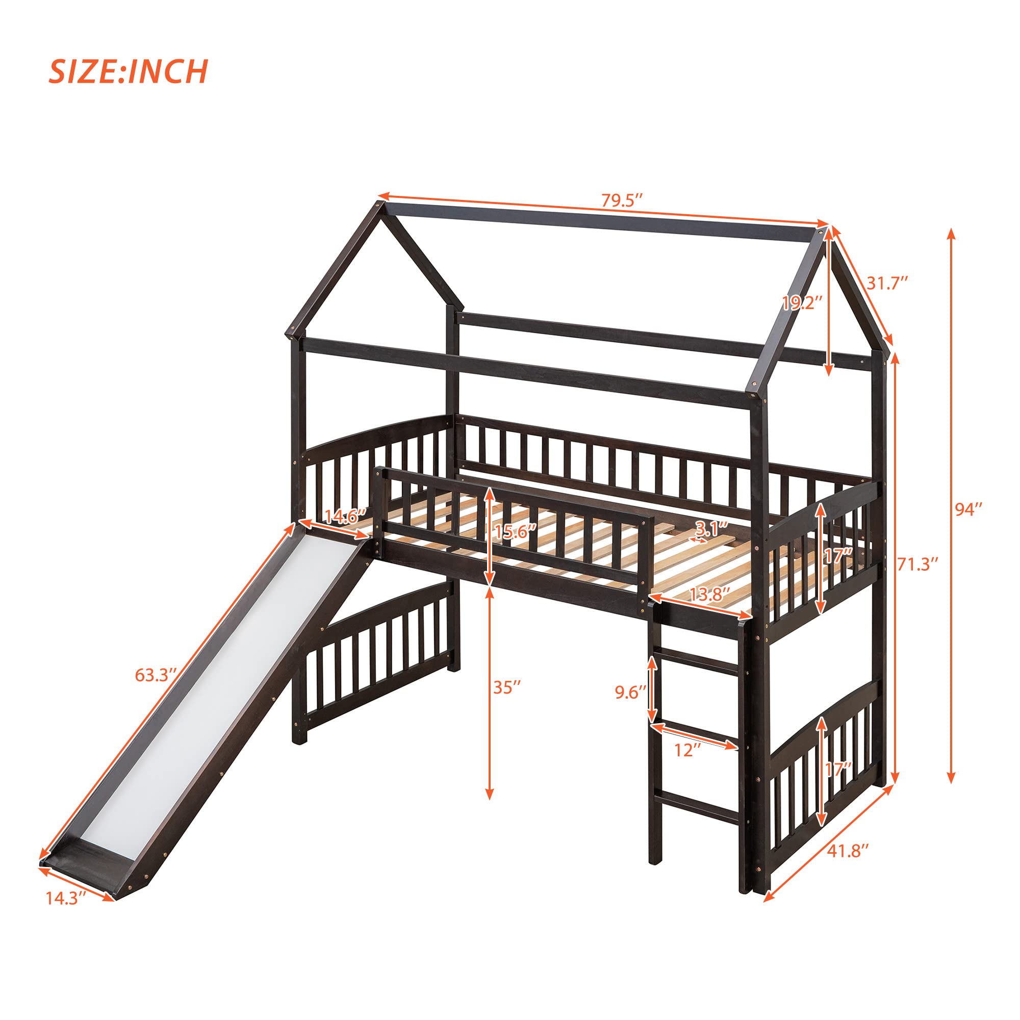 Harper & Bright Designs Twin Loft Bed with Slide and Ladder, House Loft Beds with Roof and Guardrail for Kids, Toddlers, Teens (Twin Size, Espresso)