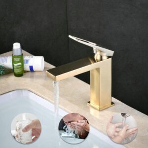 SHUNLI Brushed Gold Bathroom Faucet, Single Hole Modern Bathroom Sink Faucet, Brass Lavatory Mixer Taps Single Handle