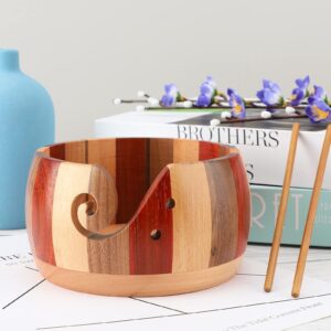 NZXVSE Wooden Yarn Bowl Holder, Dia 7 Inch Handmade Craft Knitting Bowl with Bamboo Handle Crochet Hook, DIY Knitting Crochet Yarn Storage, Multicolor, 15*8cm