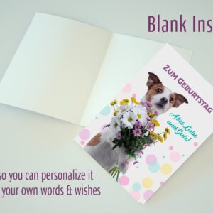 Burg Street Creations German Birthday Card - Zum Geburtstag Alles Liebe und Gute (Dog Holding Bouquet of Flowers)