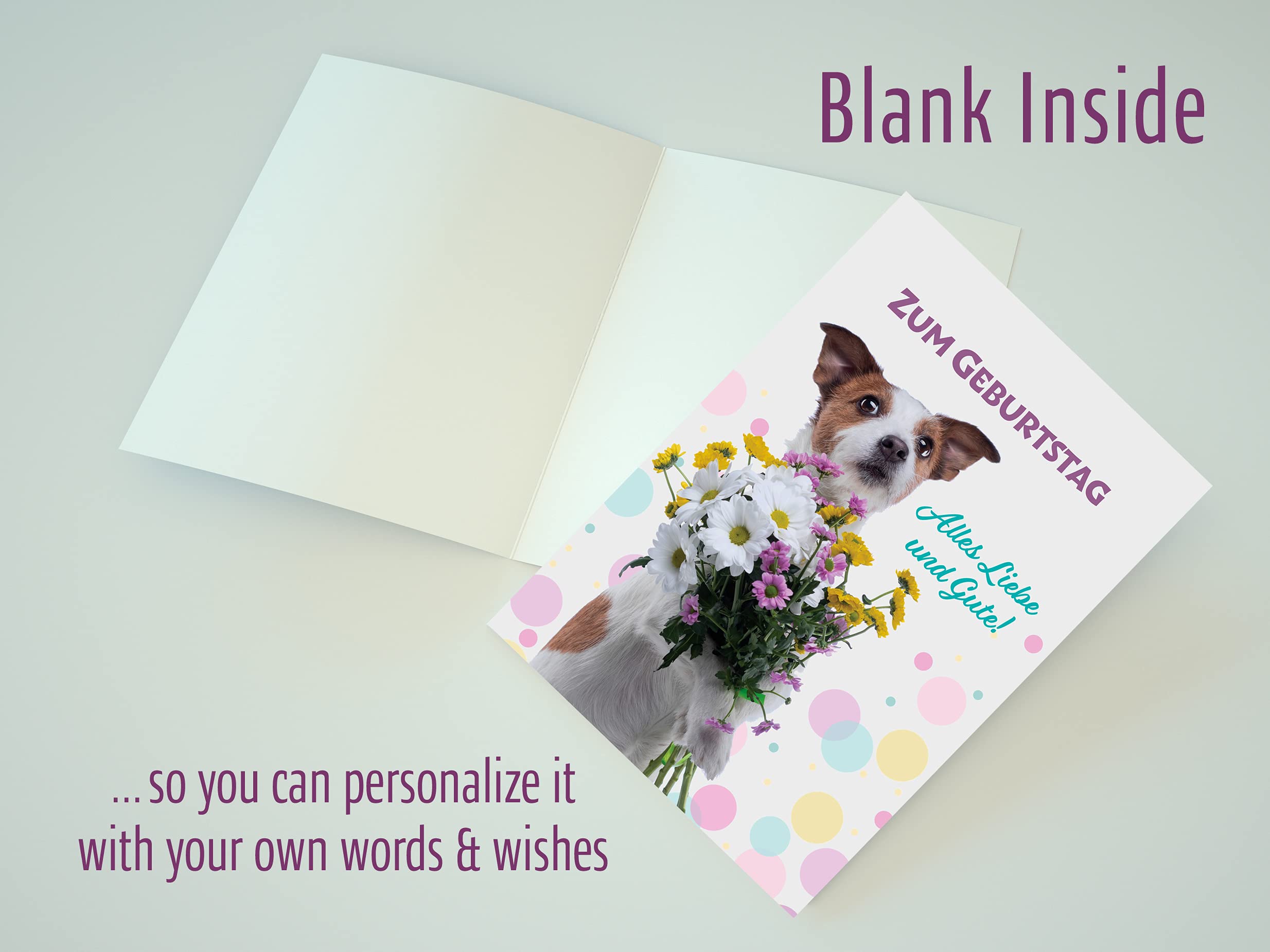 Burg Street Creations German Birthday Card - Zum Geburtstag Alles Liebe und Gute (Dog Holding Bouquet of Flowers)