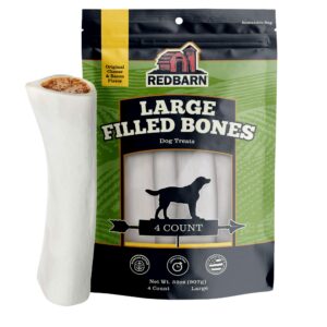 redbarn large filled dog bones, cheese & bacon flavor - long lasting stuffed femur chew treat made in usa - 4 count - packaging may vary