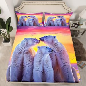 polar bear bedding set twin size polar bear family bed set for girls teens bedroom decor kids sunset view fitted sheet soft microfiber arctic glacier bed cover(1 fitted sheet+1 pillow case)