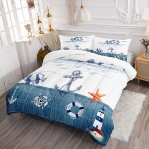 Suncloris Nautical Sailboat Comforter Set for Kids and Adults, Queen Size Anchor Rudder Themed Bedding Comforter with 2 Coastal Ocean Plant Patterned Pillowcases - 90"x90" (Queen, Dark Blue)