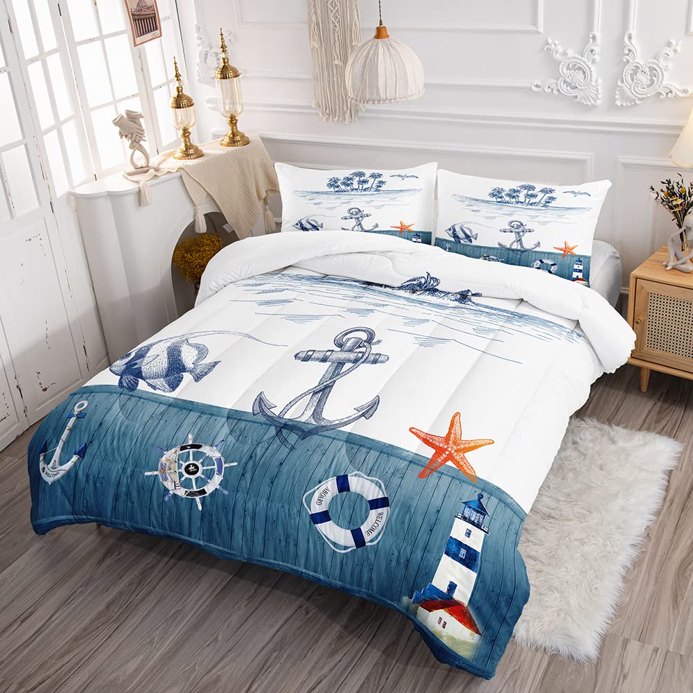 Suncloris Nautical Sailboat Comforter Set for Kids and Adults, Queen Size Anchor Rudder Themed Bedding Comforter with 2 Coastal Ocean Plant Patterned Pillowcases - 90"x90" (Queen, Dark Blue)