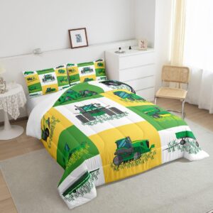 Boys Cartoon Truck Car Down Comforter Twin Size Kids Construction Vehicles Tractor Comforter Set for Kids Children Farm Excavator Bedding Set Construction Site Cars Duvet Set, Green Yellow