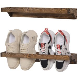 mygift set of 2 solid wooden wall mounted shoe rack storage organizer with rustic burnt wood finish, hanging footwear holder for closet, mudroom, entryway, holds 4 pairs