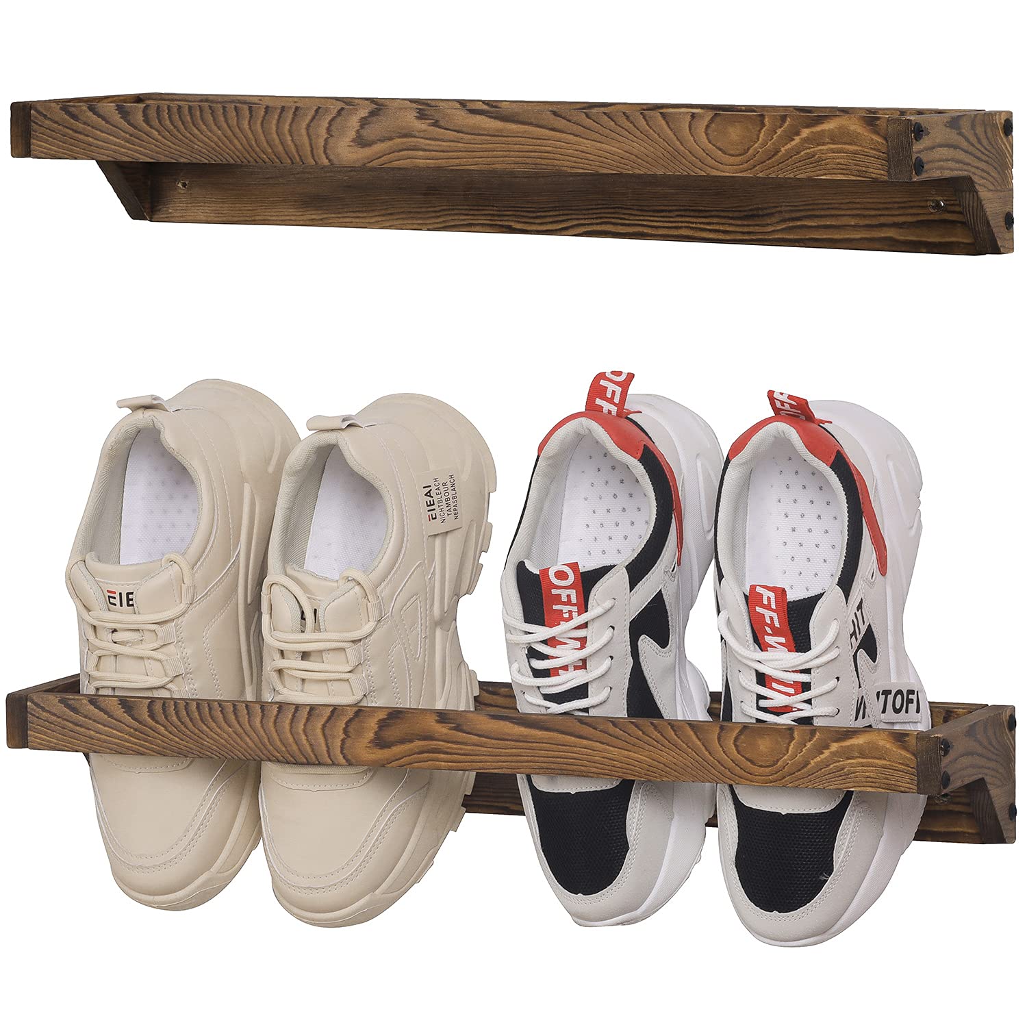 MyGift Set of 2 Solid Wooden Wall Mounted Shoe Rack Storage Organizer with Rustic Burnt Wood Finish, Hanging Footwear Holder for Closet, Mudroom, Entryway, Holds 4 Pairs