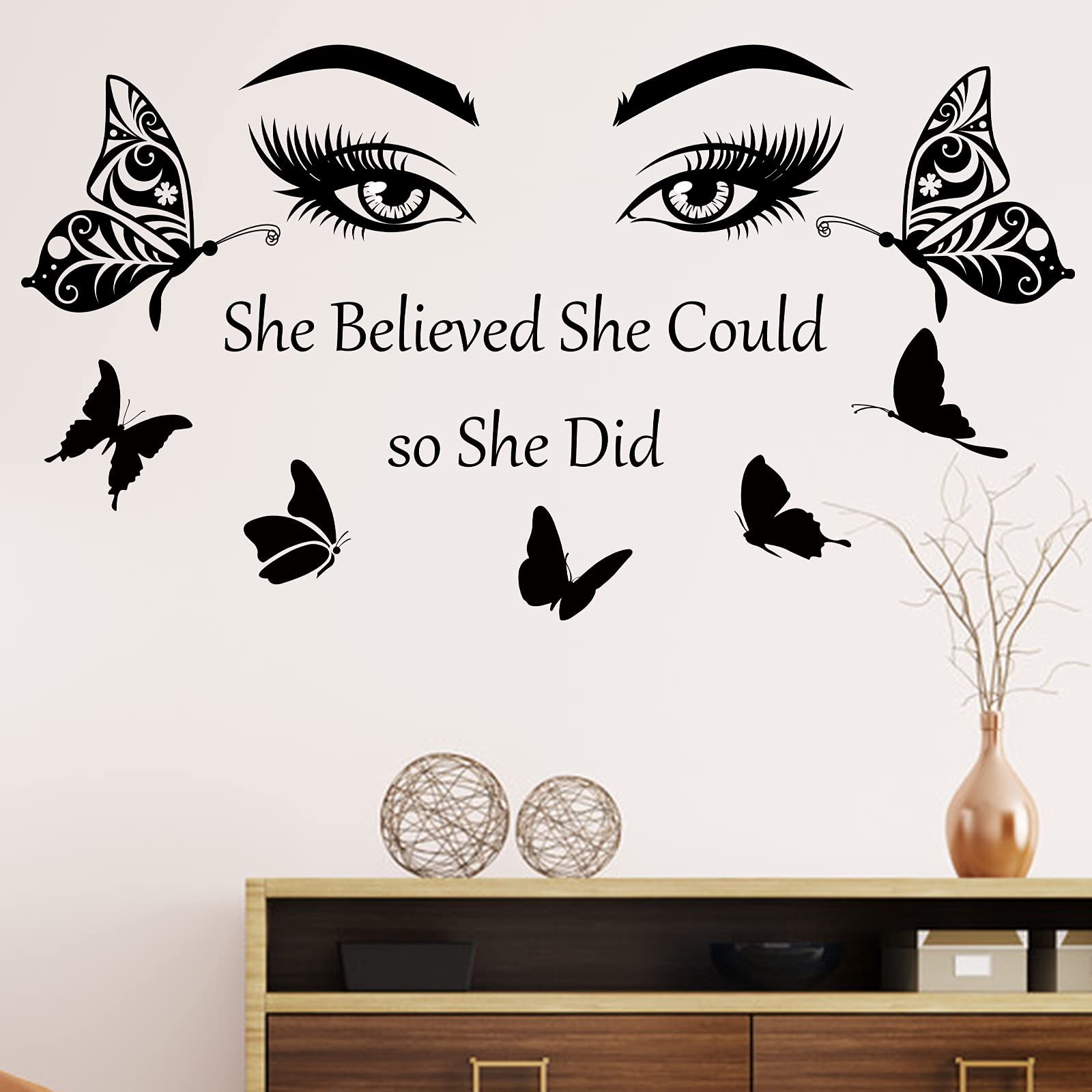 Inspirational Wall Decal Quotes Eyelash Eyes Wall Stickers Motivational Word Letter Decals She Believe She Could So She Did Wall Art Positive Sayings Sticker for Women Girls Bedroom Living Room Decor