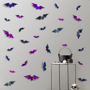 72Pcs Bats Halloween Decoration Iridescent 3D Bats Wall Decor Black Purple Holographic Paper Decorative Bat Wall Art Decals Stickers Spooky Bats for Halloween Home Room Decor Party Decoration Supplies