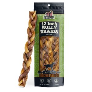 redbarn all-natural 12" braided bully sticks for dogs - premium slow roasted long lasting chew treats made with 100% beef - single ingredient low odor rawhide free - 5 count - packaging may vary