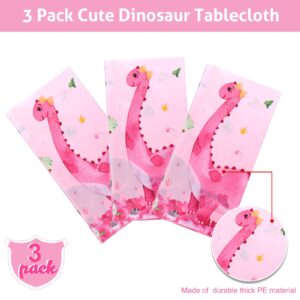 3 Pieces Dinosaur Party Tablecloths Pink Dinosaur Table Covers Plastic Disposable Dinosaur Printed Table Cloths Rectangular Dino Party Supplies for Kids Birthday Baby Shower Party, 54 x 86.7 Inches