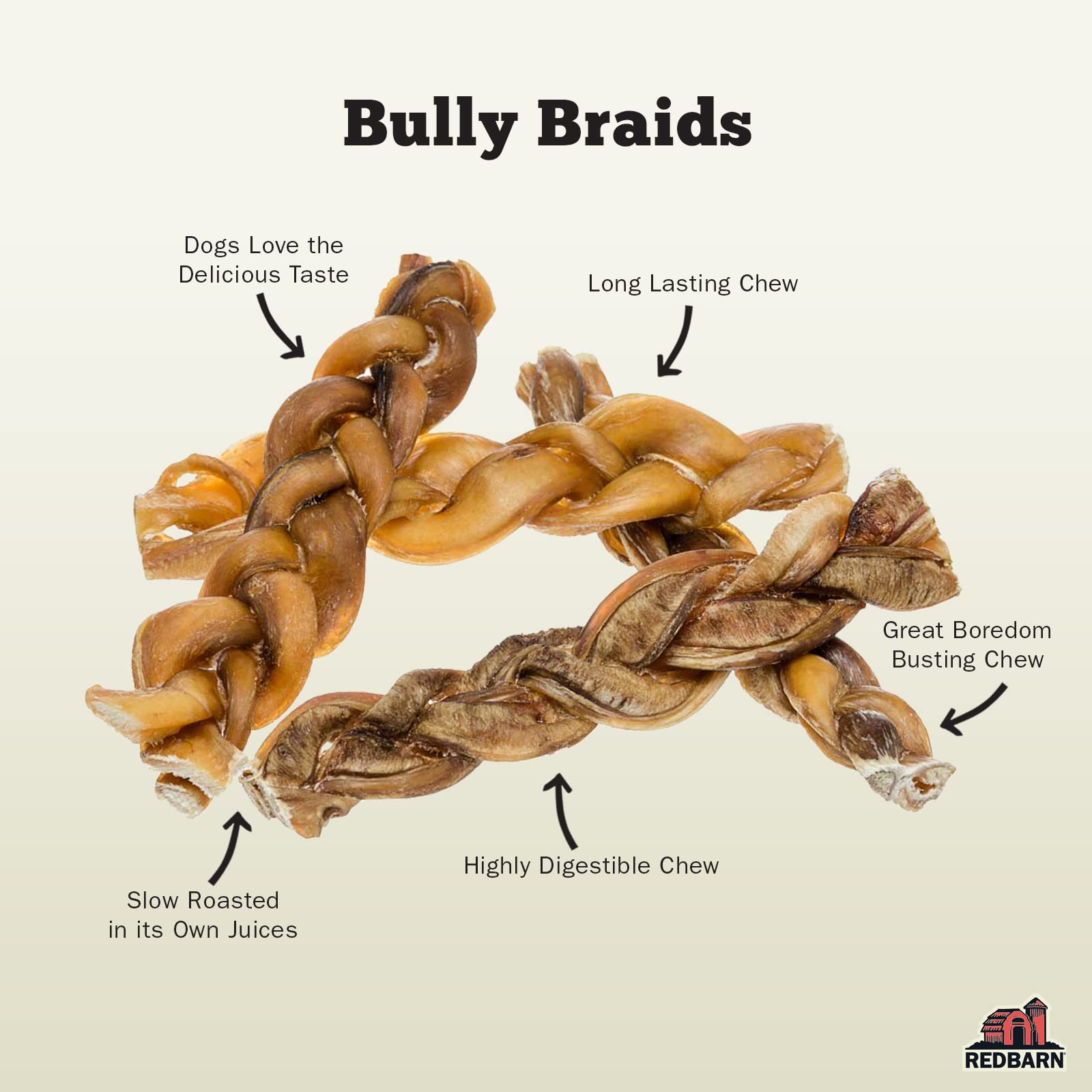 Redbarn All-Natural 12" Braided Bully Sticks for Dogs - Premium Slow Roasted Long Lasting Chew Treats Made with 100% Beef - Single Ingredient Low Odor Rawhide Free - 5 Count - Packaging May Vary