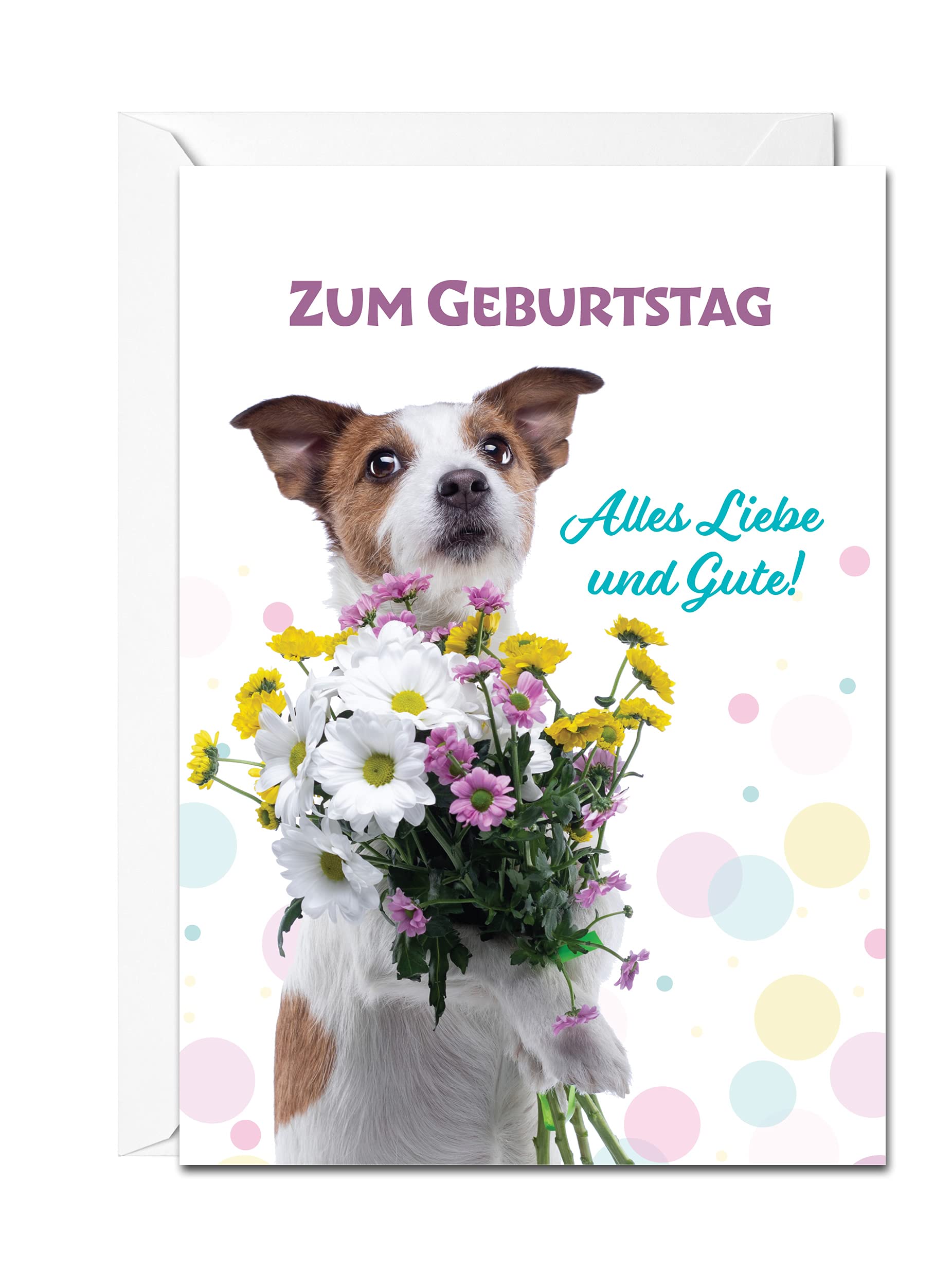 Burg Street Creations German Birthday Card - Zum Geburtstag Alles Liebe und Gute (Dog Holding Bouquet of Flowers)