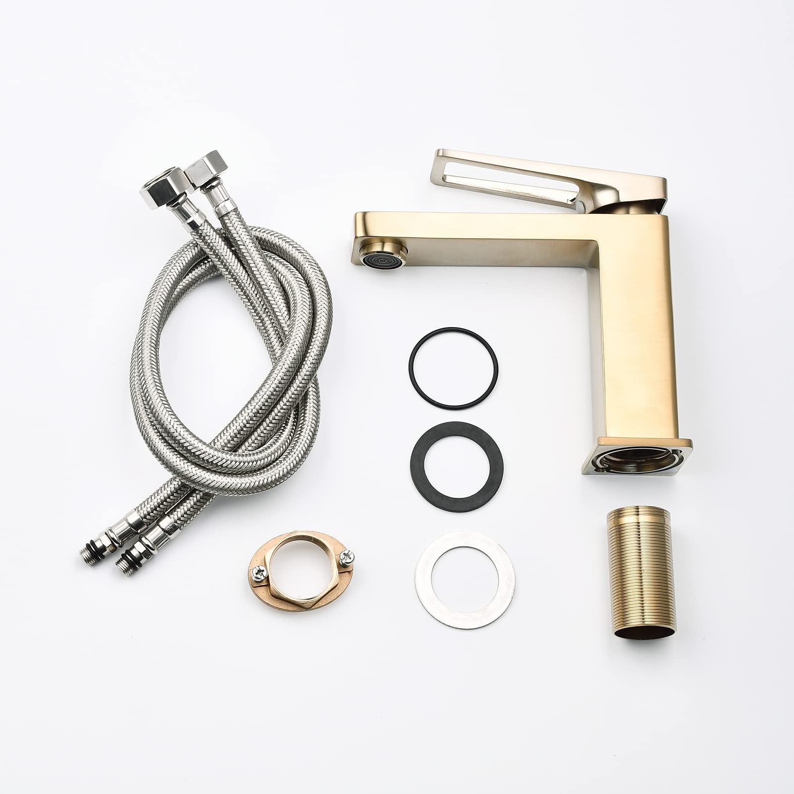 SHUNLI Brushed Gold Bathroom Faucet, Single Hole Modern Bathroom Sink Faucet, Brass Lavatory Mixer Taps Single Handle