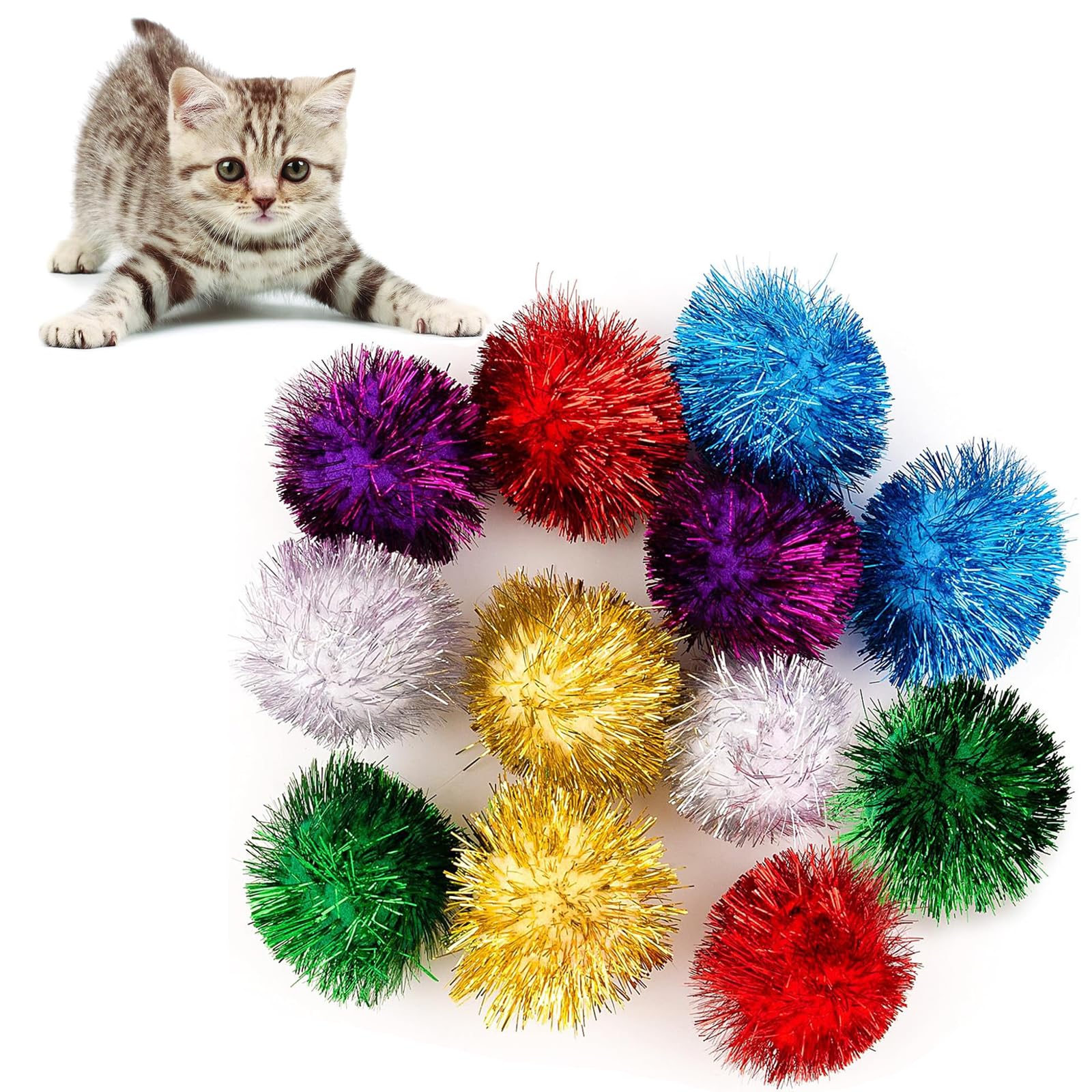 Framendino, 12 Pack 2 Inch Glitter Tinsel Sparkle Fuzzy Balls Pom Poms Ball for DIY Craft Decorations