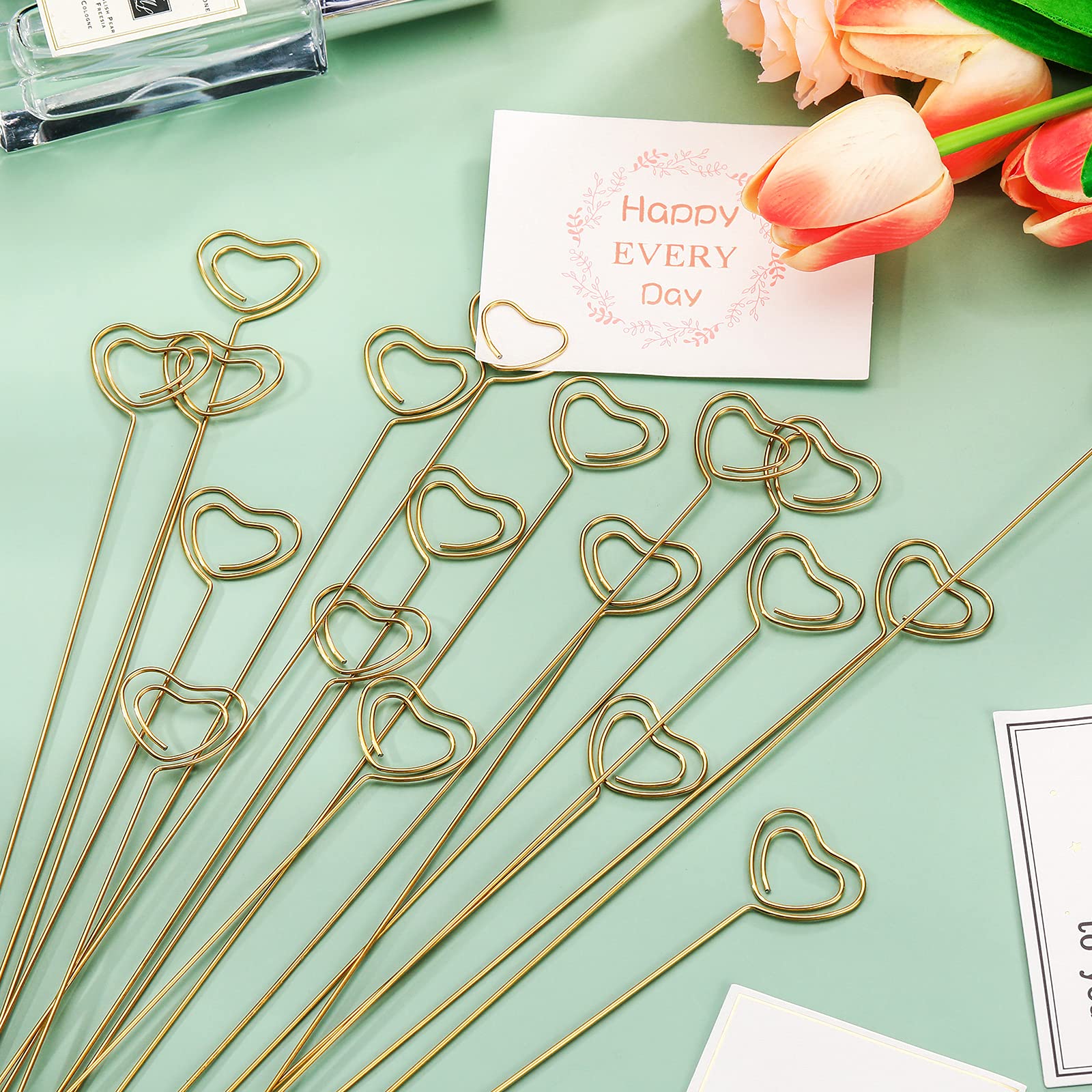 30 Pcs Metal Wire Floral Place Card Holder Pick 12 Inch Gold Photo Clip Card Heart Shape Table Memo Cake Topper for Wedding Birthday Baby Shower Party Favor