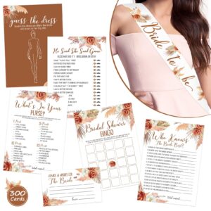 levfla boho bridal shower games - set of 6 (50 pcs per game), with tropical bohemian bride to be sash + 4 pcs marker pens, suitable for pampas bridal shower, terracotta bachelorette party