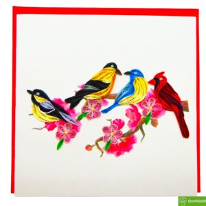 Four Colorful Birds sitting in a tree, Quilling Card 3D,Unique Dedicated Handmade, Design Greeting Card for Birthday, Valentine's Day, Mothers Day, Spring, Fathers Day, All Occasion,6"x6"