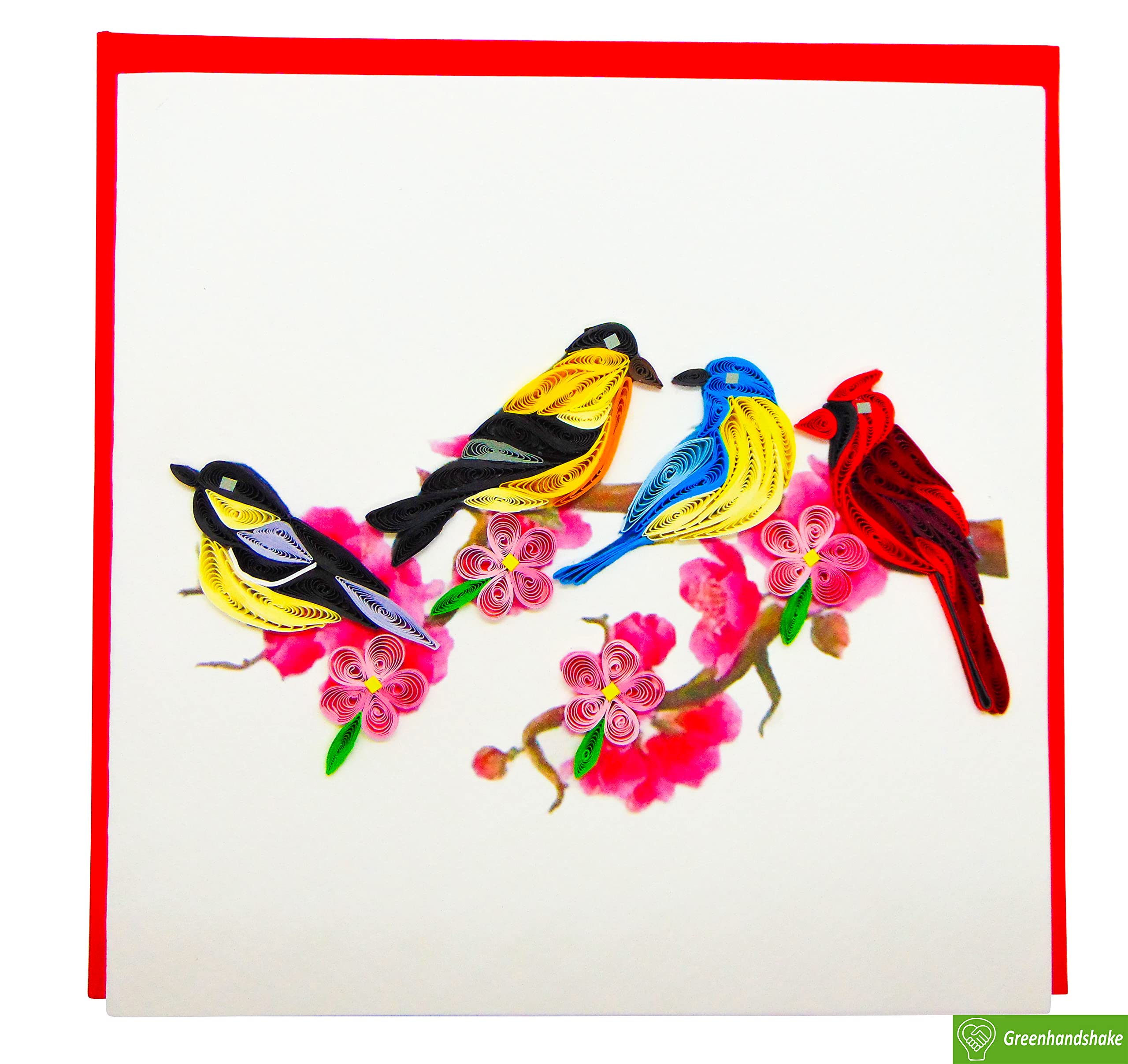 Four Colorful Birds sitting in a tree, Quilling Card 3D,Unique Dedicated Handmade, Design Greeting Card for Birthday, Valentine's Day, Mothers Day, Spring, Fathers Day, All Occasion,6"x6"