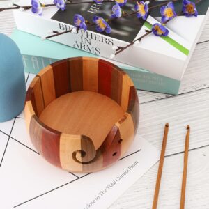 NZXVSE Wooden Yarn Bowl Holder, Dia 7 Inch Handmade Craft Knitting Bowl with Bamboo Handle Crochet Hook, DIY Knitting Crochet Yarn Storage, Multicolor, 15*8cm