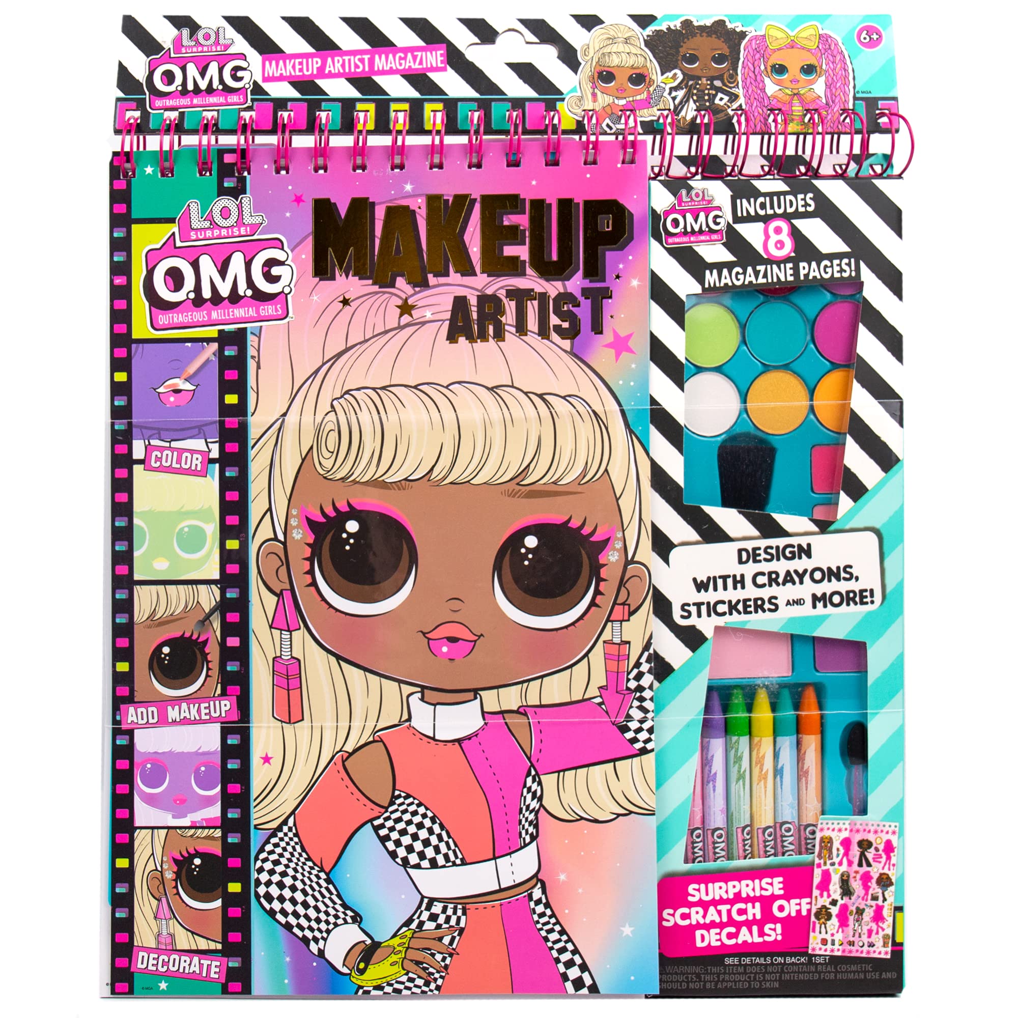 Horizon Group USA L.O.L. Surprise! O.M.G. Make-Up Artist Magazine, Double Feature Series, Includes Spiral-Bound Make-Up Sketchbook, Crayons, Stickers, Surprise Scratch Reveal Stickers & More