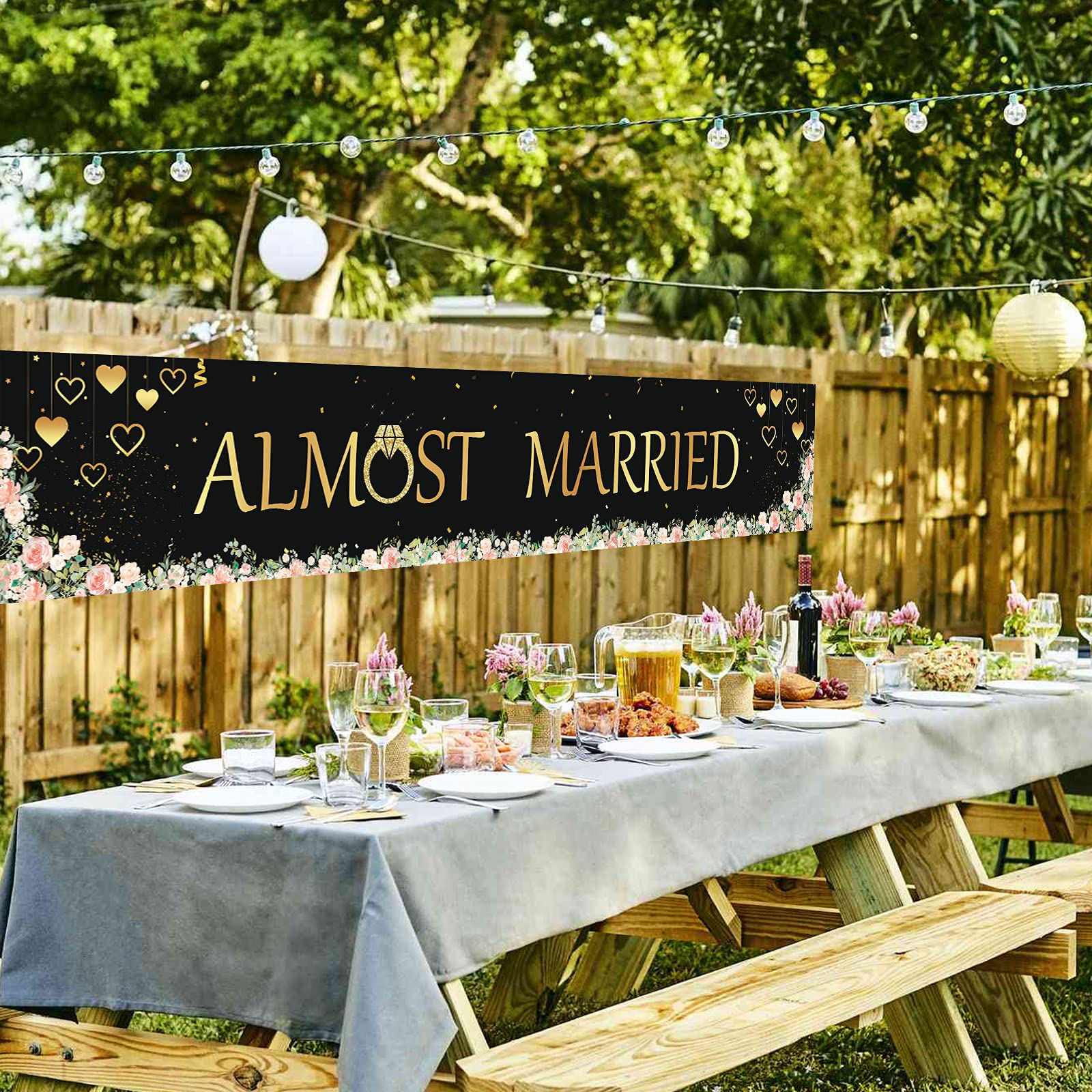 WHPCT Almost Married Banner,Gold Romantic Flower & Heart Sign Banner Backdrop For Bridal Shower,Wedding Party Yard Sign Decorations 9.8 X1.6 Feet