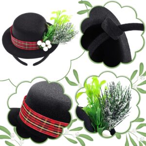 WILLBOND Christmas Snowman Headbands Mini Top Hat Headband 2 Pieces Christmas Black Top Hat Headband Christmas Mistletoe Costume Headband with Plaid Band Holly and Berries for Holiday Craft