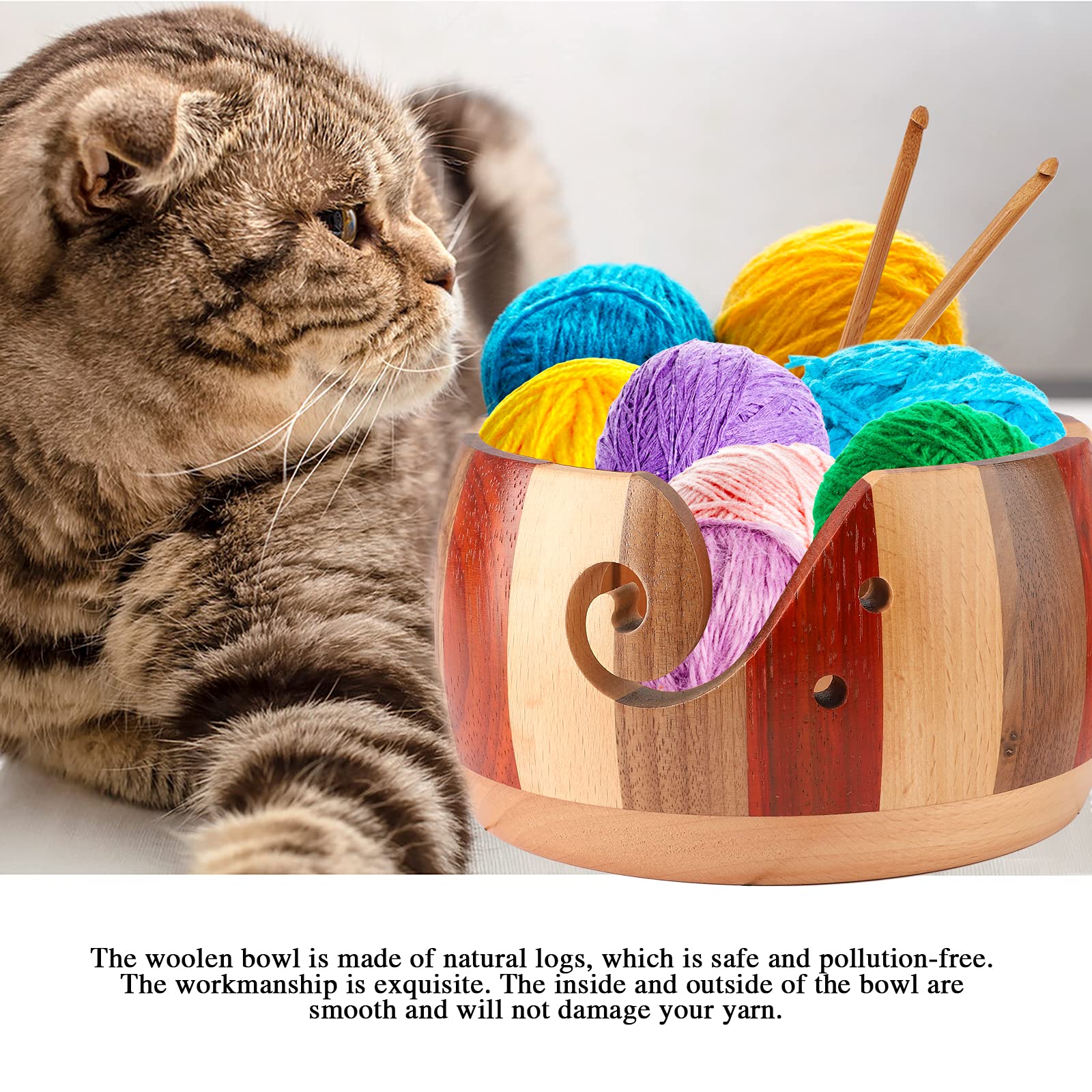 NZXVSE Wooden Yarn Bowl Holder, Dia 7 Inch Handmade Craft Knitting Bowl with Bamboo Handle Crochet Hook, DIY Knitting Crochet Yarn Storage, Multicolor, 15*8cm