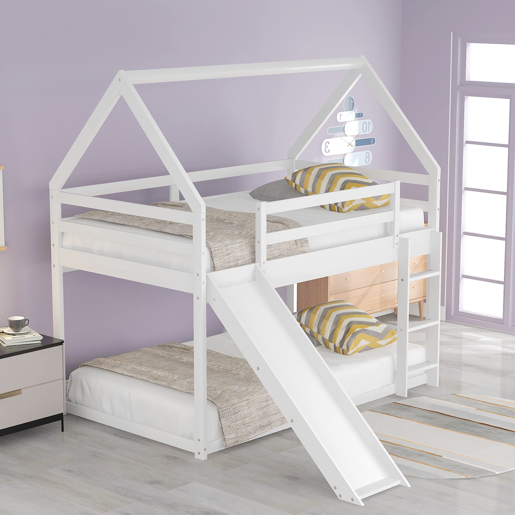 Harper & Bright Designs Twin Over Twin Low Bunk Bed with Slide, Solid Wood House Bunk Bed for Kids Girls Boys (White)