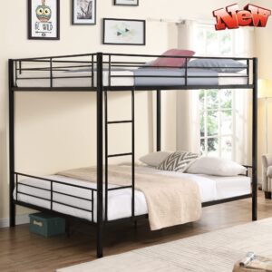 aooppec upgraded version stronger metal queen size bunk bed, industrial style queen over queen bunk bed frame with ladders & guard rails for kids girls boys and adults (easy assemble)