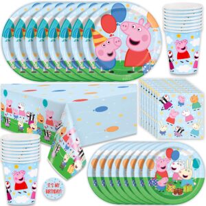 peppa pig birthday party supplies, peppa pig party supplies and decorations for 16 guests, with table cover, plates, napkins, cups and sticker