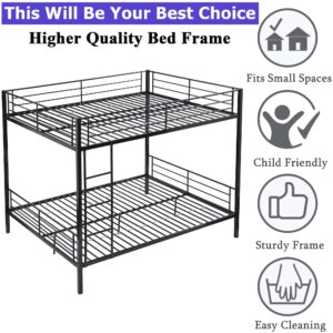 Aooppec Upgraded Version Stronger Metal Queen Size Bunk Bed, Industrial Style Queen Over Queen Bunk Bed Frame with Ladders & Guard Rails for Kids Girls Boys and Adults (Easy Assemble)