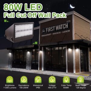 80W LED Full Cutoff Wall Pack with Dusk to Dawn Photocell, IP65 UL DLC Approved 11200LM 5000K - Replace 250-300W MH/HPS, Dark Sky Compliant Full Cut-Off Wall Light