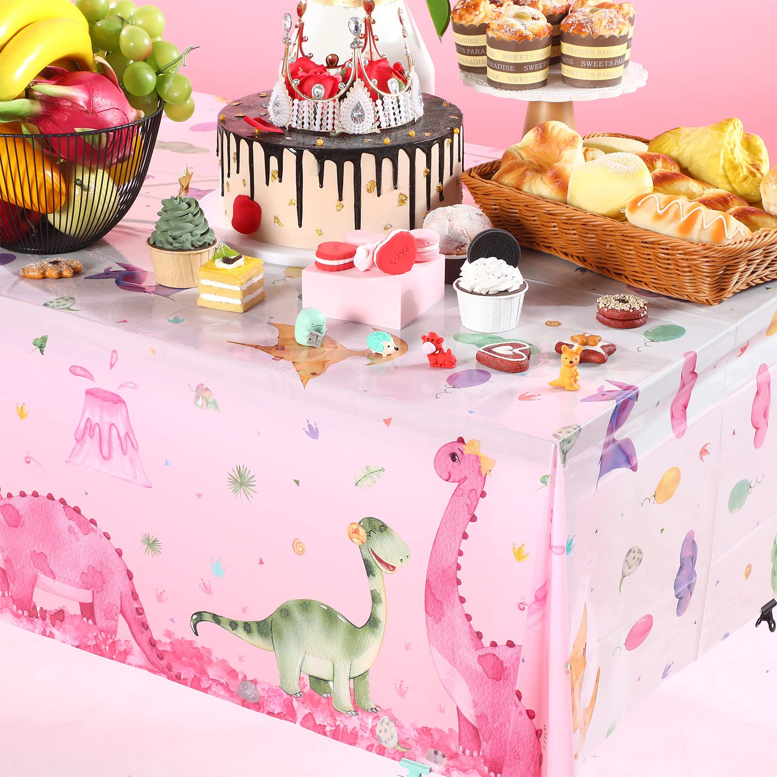 3 Pieces Dinosaur Party Tablecloths Pink Dinosaur Table Covers Plastic Disposable Dinosaur Printed Table Cloths Rectangular Dino Party Supplies for Kids Birthday Baby Shower Party, 54 x 86.7 Inches