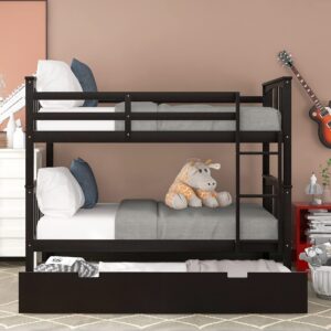 Harper & Bright Designs Full Over Full Bunk Bed with Trundle, Wood Full Size Bed Frame with Ladder and Guard Rail for Teens Bedroom, Guest Room (Espresso)