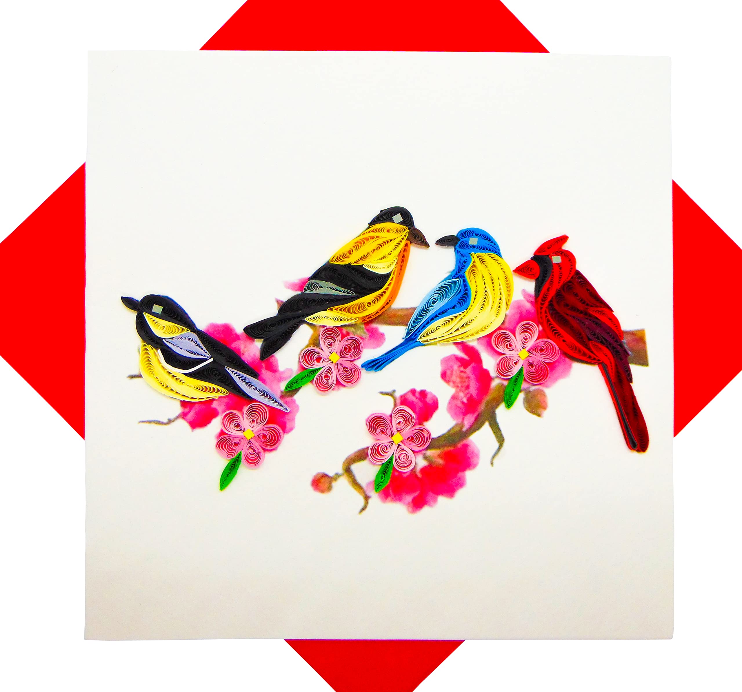 Four Colorful Birds sitting in a tree, Quilling Card 3D,Unique Dedicated Handmade, Design Greeting Card for Birthday, Valentine's Day, Mothers Day, Spring, Fathers Day, All Occasion,6"x6"