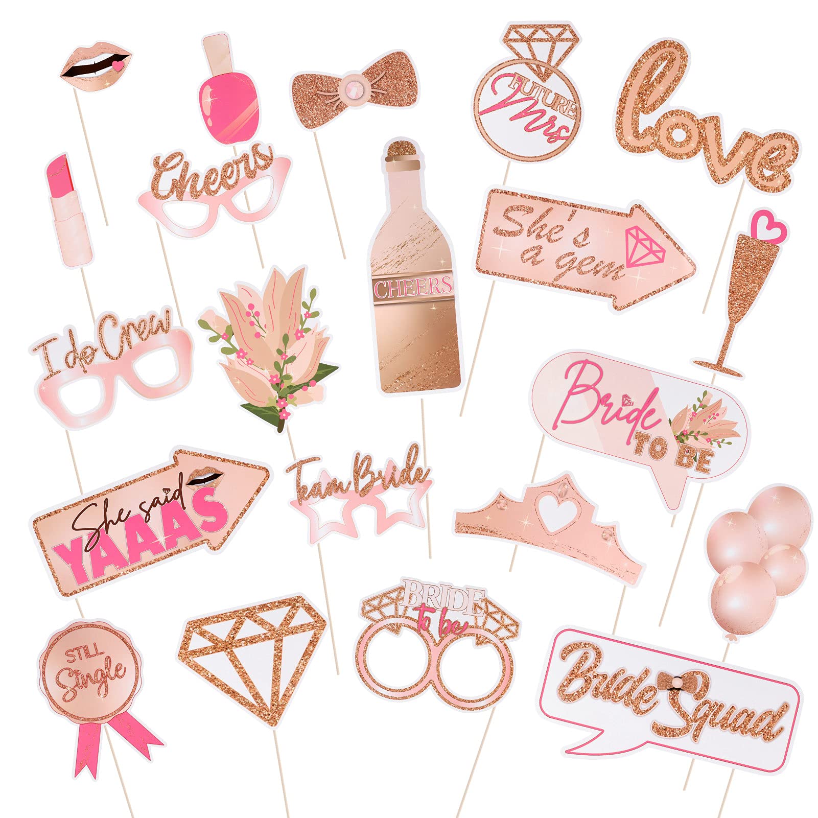 SUSSURRO 21 Count Bridal Shower Photo Booth Props Kit Engagement Photo Booth Accessories Rose Gold Wedding Party Funny Selfie Props with Sticks& Stickers for Party Favour Supplies