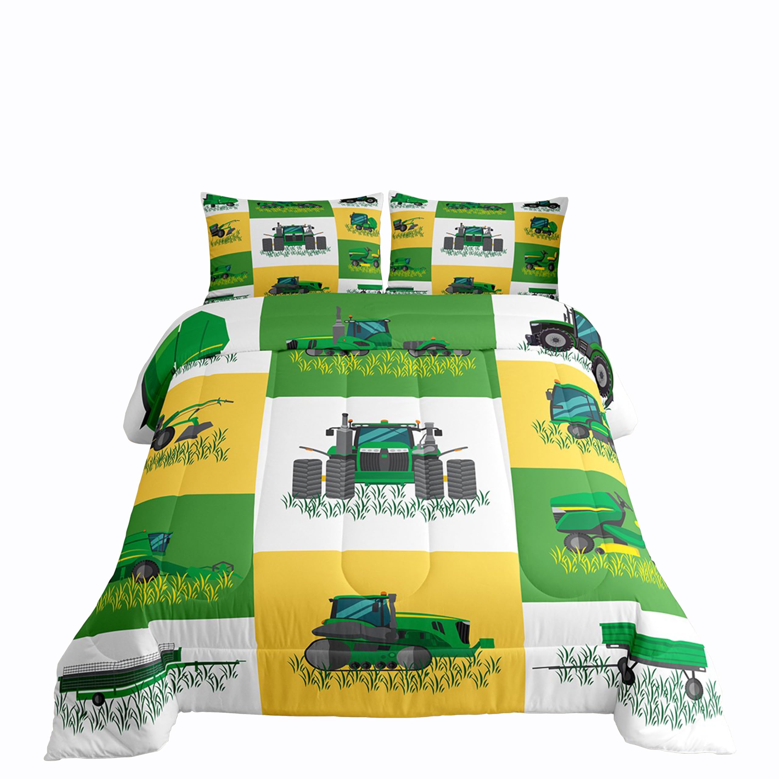 Boys Cartoon Truck Car Down Comforter Twin Size Kids Construction Vehicles Tractor Comforter Set for Kids Children Farm Excavator Bedding Set Construction Site Cars Duvet Set, Green Yellow