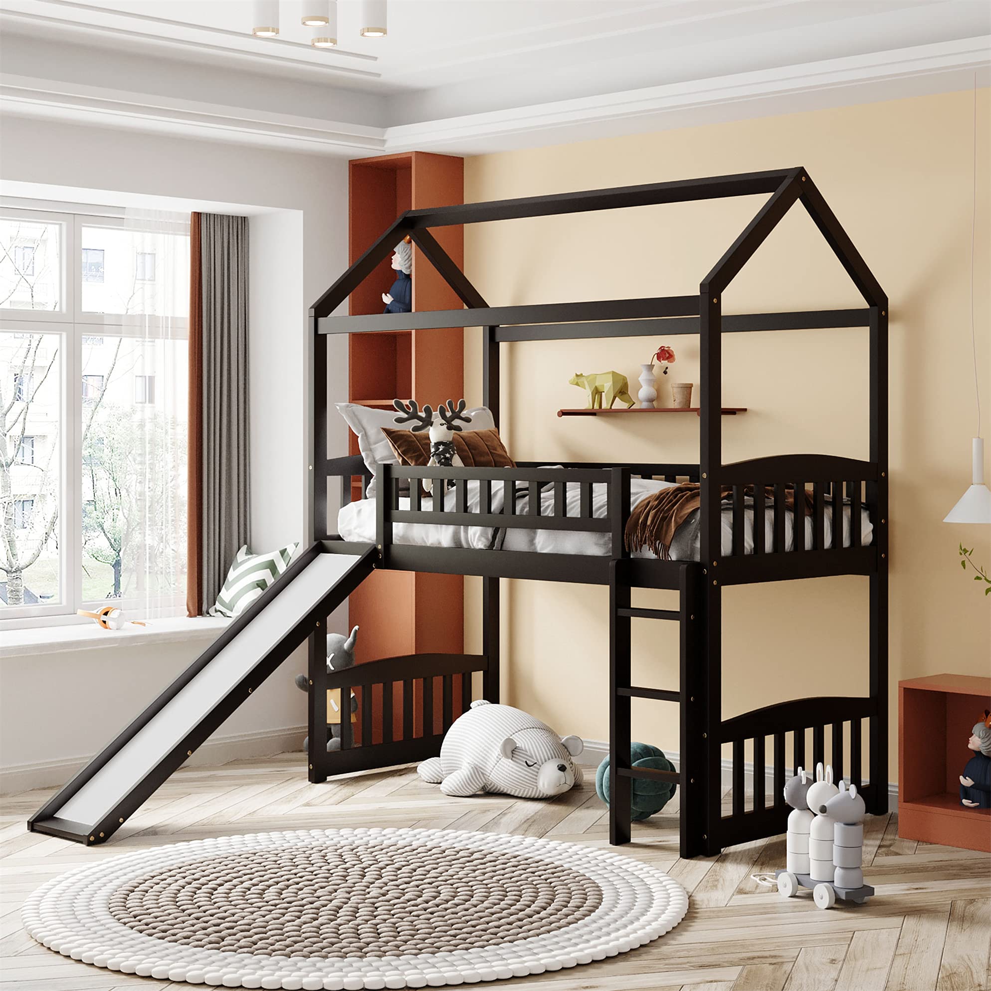 Harper & Bright Designs Twin Loft Bed with Slide and Ladder, House Loft Beds with Roof and Guardrail for Kids, Toddlers, Teens (Twin Size, Espresso)