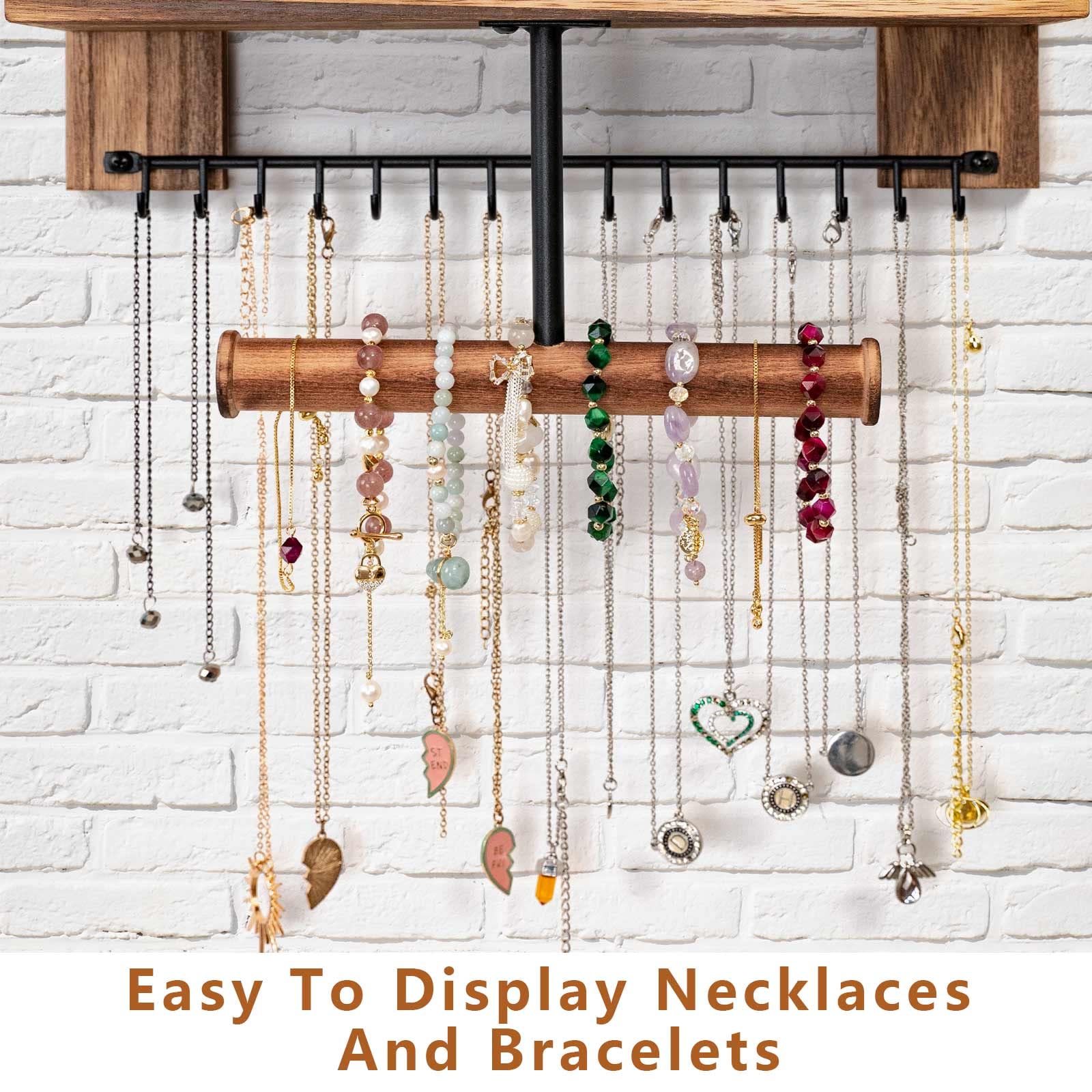 Pinzoveco Hanging Jewelry Organizer Wall Mounted With Wall Jewelry Organizer Holder For Necklaces Bracelet Earrings Ring (Rustic Wood)