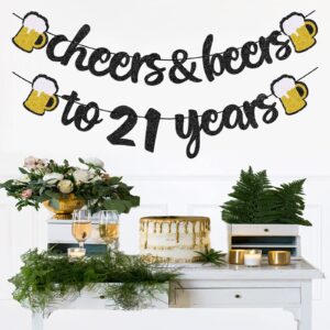 21th Birthday Decorations Cheers to 21 Years Banner for Men Women 21th Birthday Black Glitter Backdrop Wedding Anniversary Party Supplies Decorations Pre Strung