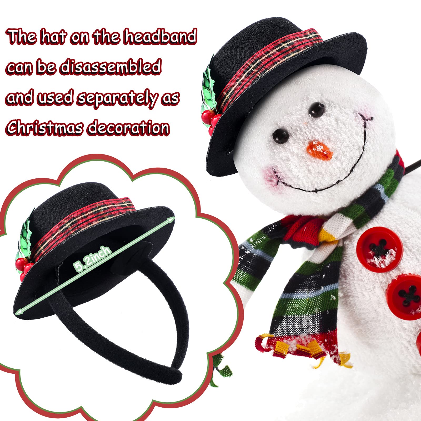 WILLBOND Christmas Snowman Headbands Mini Top Hat Headband 2 Pieces Christmas Black Top Hat Headband Christmas Mistletoe Costume Headband with Plaid Band Holly and Berries for Holiday Craft