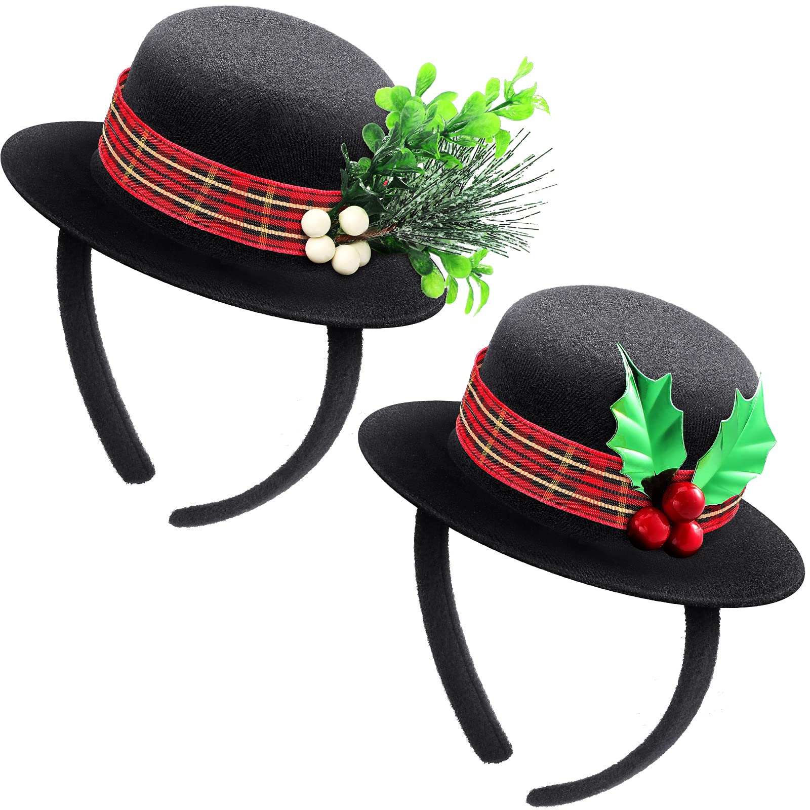 WILLBOND Christmas Snowman Headbands Mini Top Hat Headband 2 Pieces Christmas Black Top Hat Headband Christmas Mistletoe Costume Headband with Plaid Band Holly and Berries for Holiday Craft