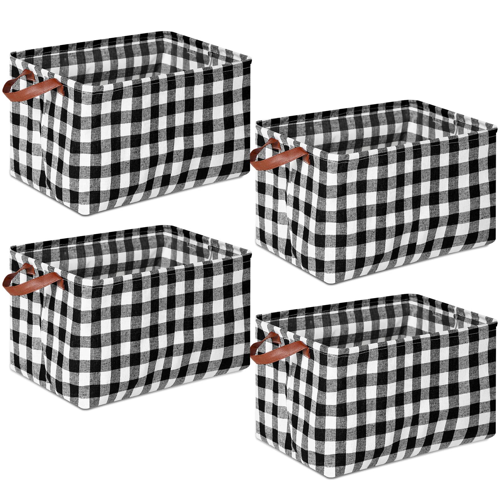 Boao 4 Pcs Buffalo Plaid Storage Containers Black White Large Storage Bin for Home Classic Organizing Fabric Storage Box with Handle Foldable Organizer Basket for Bathroom Bedroom(Simple Style)