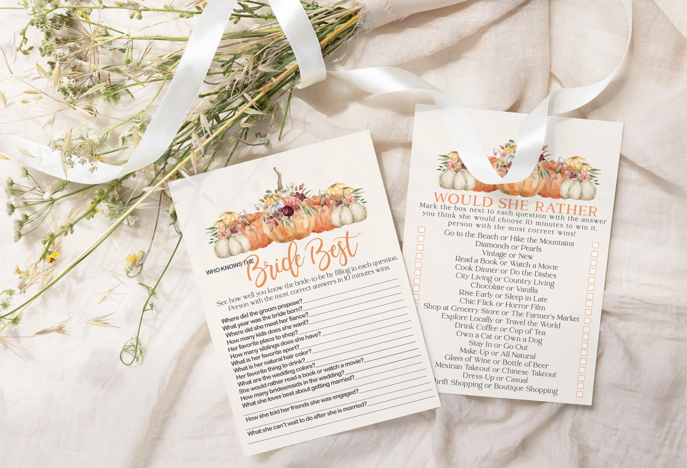 Paper Clever Party Rustic Pumpkin Bridal Shower Games Pack - 25 Guests, 5x7 Size, Premium Quality Cardstock, Fall Theme, Who Knows The Bride Best & Would She Rather, Autumn Wedding Shower Games