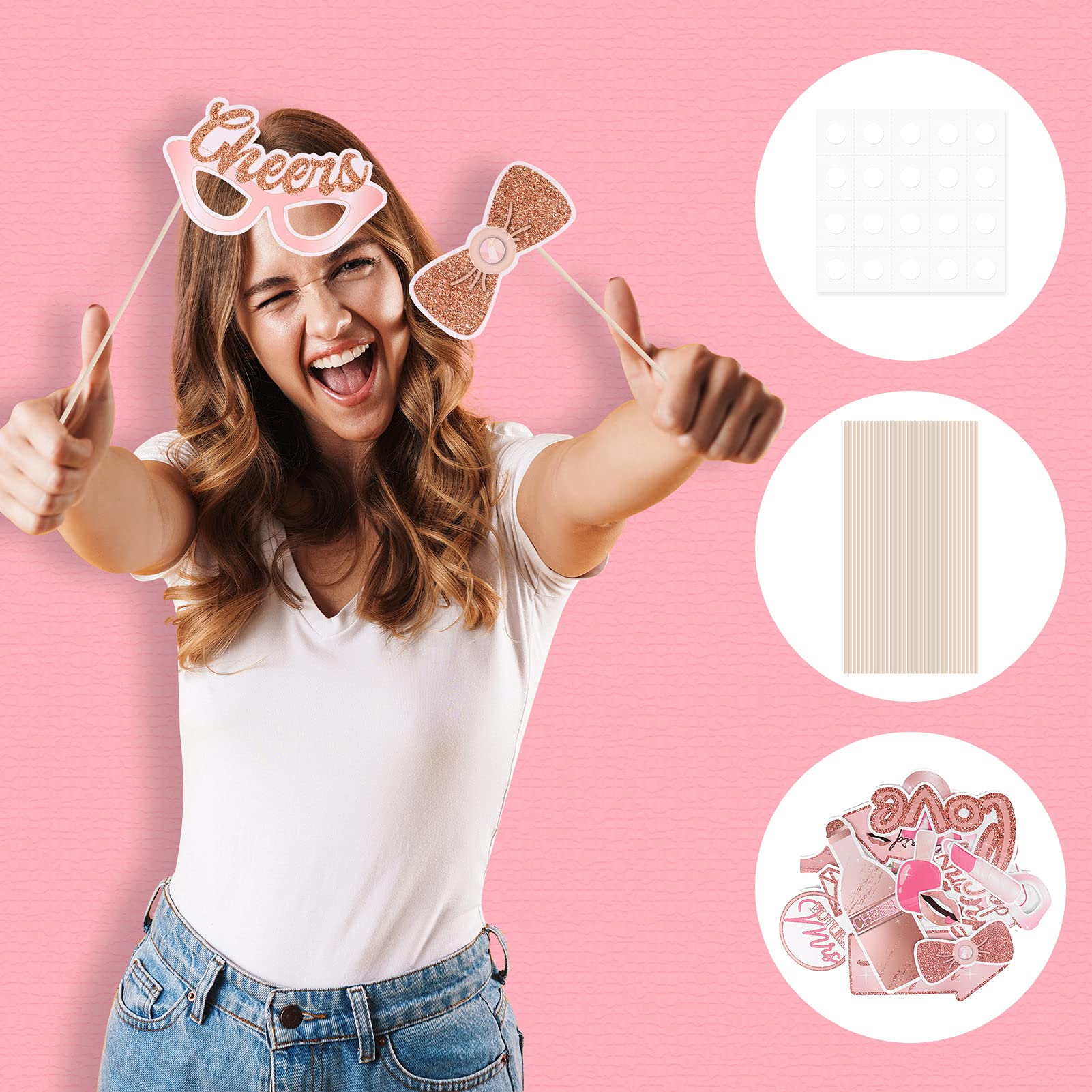 SUSSURRO 21 Count Bridal Shower Photo Booth Props Kit Engagement Photo Booth Accessories Rose Gold Wedding Party Funny Selfie Props with Sticks& Stickers for Party Favour Supplies